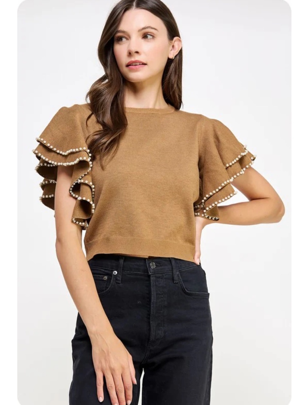 Pearl-Trim Ruffle Sleeve Sweater Top in Camel-Size M